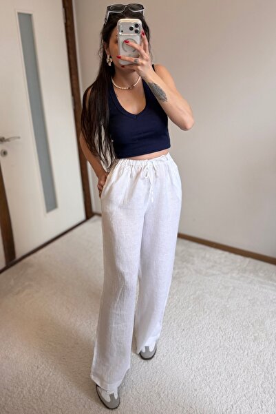 MoyStore White Linen High Waist Palazzo Trousers with Drawstring