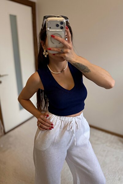 MoyStore Navy Blue V-Neck Top