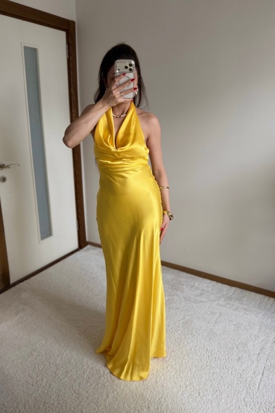 MoyStore Yellow Satin Backless Stylish Evening Dress