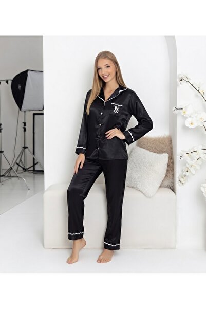 hediye Premium Series Satin Long Sleeve Pajama Set - White with Piping & Logo