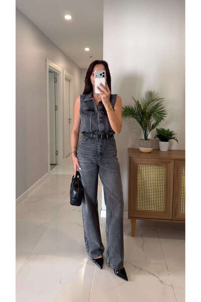 BİRCANÇİL Viollda Antrasit Cep Detaylı Kemerli Kolsuz Tulum