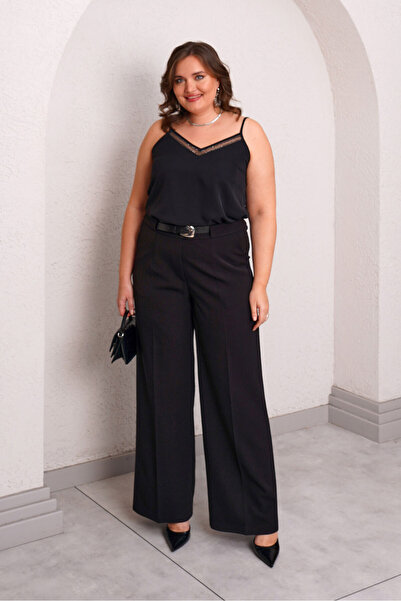 Büyük Moda  BÜYÜK BEDEN BELİ KEMERLİ BOL PAÇA PANTOLON