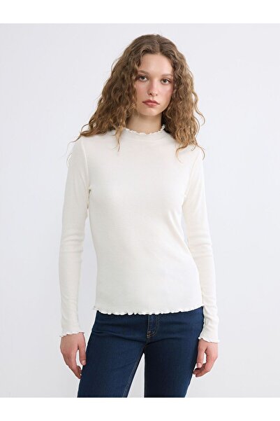 LC Waikiki Lcw Modest Ecru Ruffled Mock Neck Women's Bodysuit