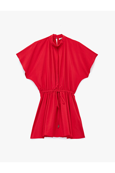 Koton Salda Fabric Tie-Waist Stand Collar Batwing Sleeve Mini Dress