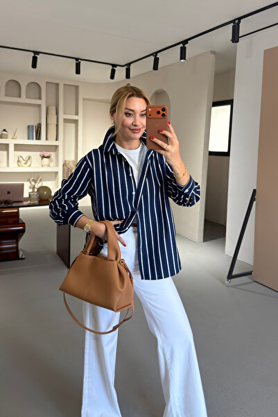 Sezgi Tekin Πουκάμισο Bf Ριγέ Ναυτικό Μπλε από Ποπλίνα