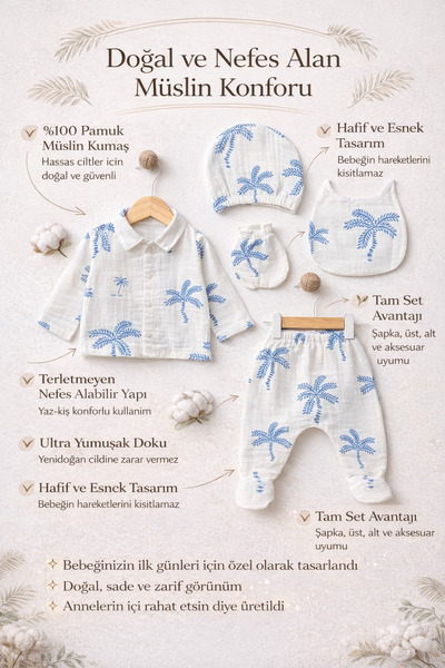 tinibud Gots Certified Fabric 100% Cotton Muslin 5-Piece Baby Boy Hospital Discharge Set Gift