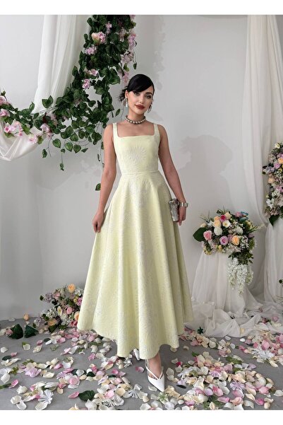Ayzde Fashion Kare Yaka İşlemeli Tasarım Manen Elbise