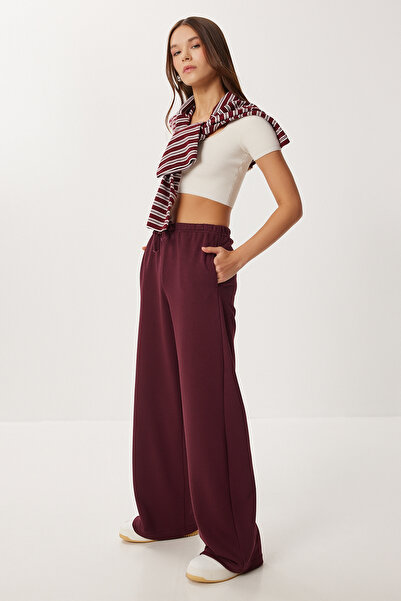 Lovelyİstanbul Πλεκτό παντελόνι φόρμας με φαρδιά μπατζάκια LUB0303 MÜRDÜM