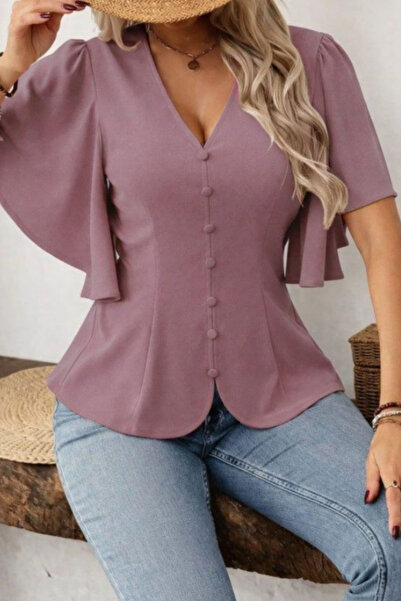 Kokosh moda Women's Front Buttoned Short Sleeve Crepe Blouse