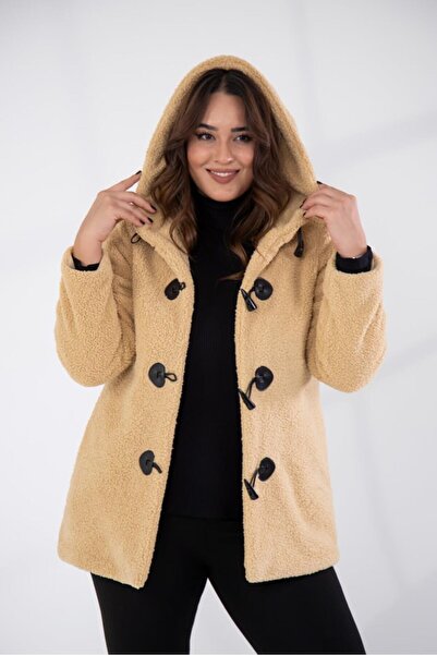 Roxxlen Γυναικείο παλτό μεγάλου μεγέθους Welsoft με κουκούλα, κοντό, μπεζ