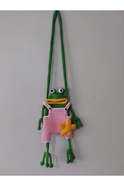 dogohandmade El Örgüsü Kurbağa Figürlü Çocuk Genç Yetişkin İnce Dokulu Omuz Ç...