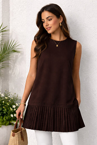 benguen Бавовняна туніка без рукавів зі складками 4776 Коричневий