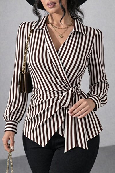 DRESSIFY WOMEN’S FASHION Γυναικείο ριγέ πουκάμισο με διπλό στήθος και κορδόνια