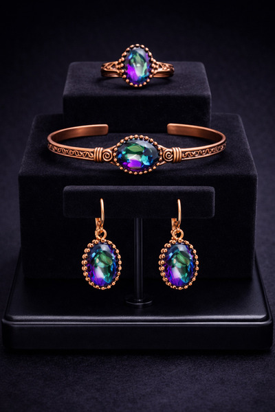 Otto Man Steel Jewelry Kadın Bakır Set Mistik Topaz Taşlı Şık Tasarım Bilekli...