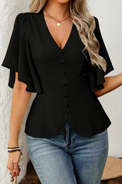 Kokosh moda Kadın Önden Düğmeli Kısa Kollu Krep Bluz
