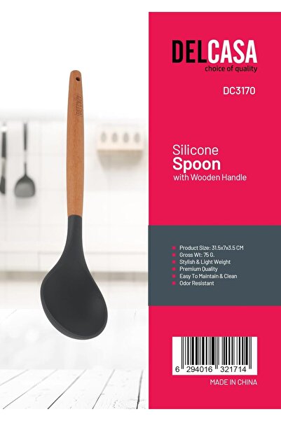 DELCASA DC3170 Silicone Spoon with Wooden Handle, Black/Brown