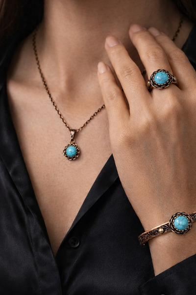 Otto Man Steel Jewelry Kadın %100 Saf Bakır Turkuaz Taşlı El İşlemesi Bilekli...