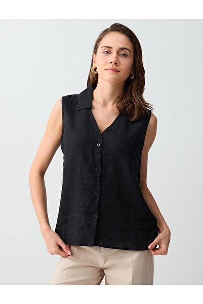 Jimmy Key Μαύρο 100% λινό αμάνικο πουκάμισο στενής γραμμής