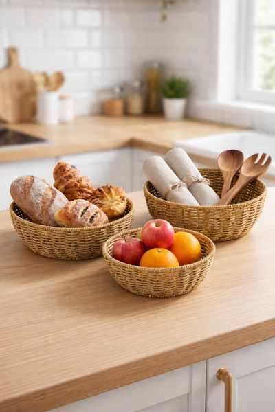 newar 3-Piece Plastic Rattan Bowl Set with Wicker Look, Nesting Presentation ...