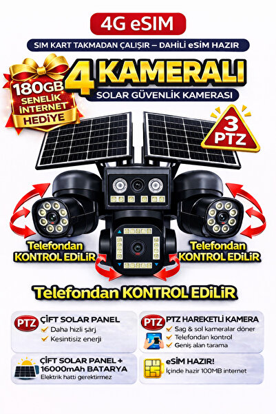 Ecocam 4 Kameralı 4G eSIM Güneş Enerjili Güvenlik Kamerası 3 PTZ Solar Hareke...