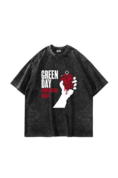 Bak Moda Green Day με τύπωμα oversized Unisex Πλενόμενο Μαύρο T-shirt