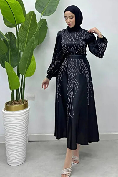 Tesettür Diyarı Γυναικείο Κεντημένο Βραδινό Φόρεμα με Ζώνη και Χιτώνα - Μαύρο