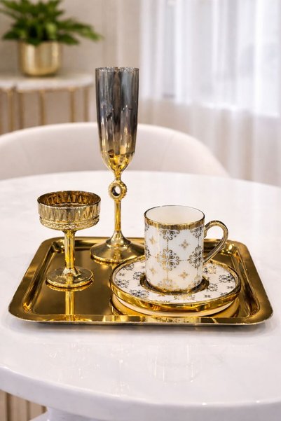 isra kristal Gold Coffee Presentation Set – Gold Coffee Cup, Turkish Coffee Cup, Coffee Saucer and Tray - Luxury Coffee Set