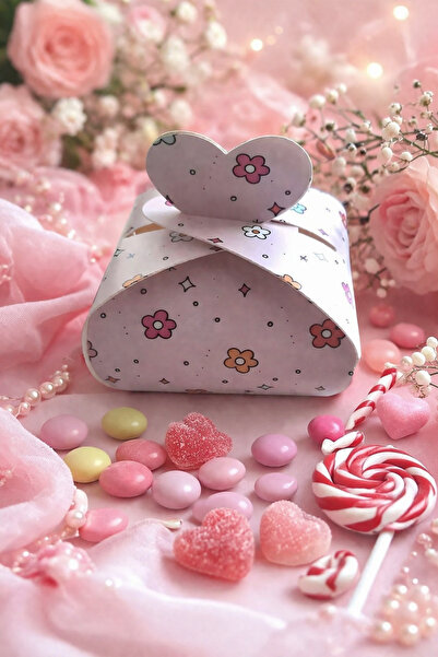 Emtory Home 10 Adet Pembe Çiçekli Şeker Kutusu -Lokum Kutusu - Bebek Hediyesi...