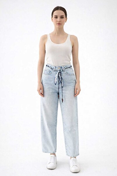 Rich Star Pantaloni de damă din denim albastru deschis, cu eșarfă și picior larg