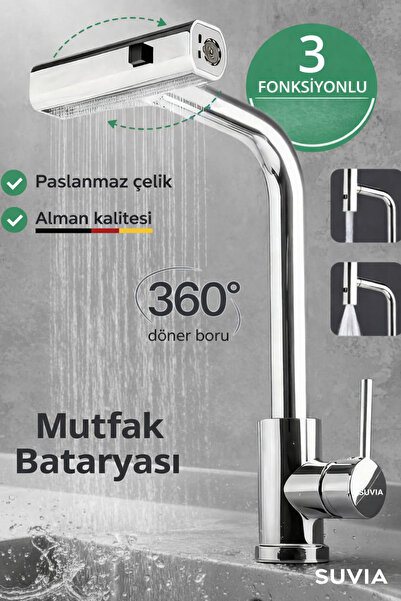 SUVİA Mutfak Bataryası 3 Fonksiyonlu 360° Döner Uzatmalı Musluk Paslanmaz Çel...