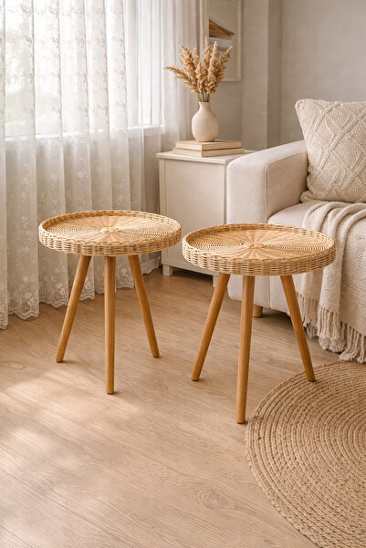 SEÇİL Doğal Rattan Yan Sehpa 38x45 cm Ahşap Ayaklı Bohem Minimal Sehpa El Yapımı