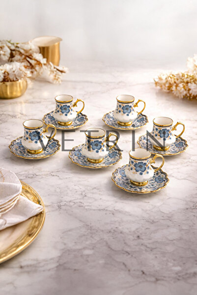 VETRİN 6'Lı Porselen Lüx Çiçek Desenli Altın Yaldızlı Kahve Fincan Takımı I 9...