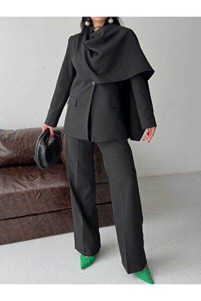 Moda İkra Κομψό παντελόνι με φαρδιά μπατζάκια και λεπτομέρεια ντραπέ σάλι στο...