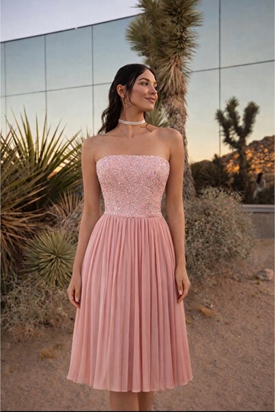 OEM Ροζ πούδρας μίντι φόρεμα - Ροζ, L