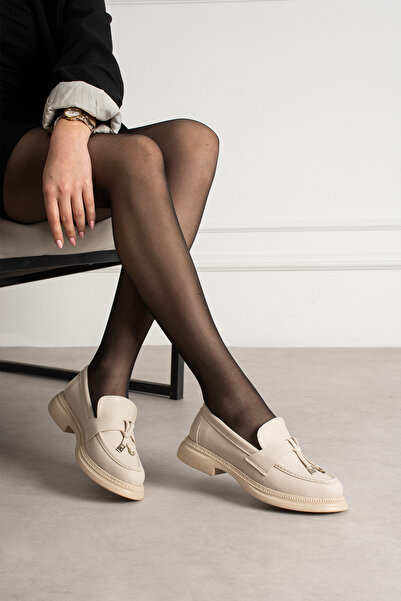 Hepici Γυναικεία Κρεμ Δερμάτινα Παπούτσια με Χοντρή Σόλα Classic Loafer Ecru ...