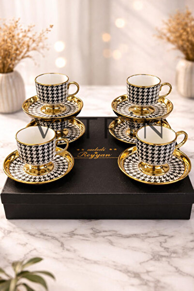 VETRİN 6'Lı Porselen Lüx Modern Altın Yaldızlı Kahve Fincan Takımı I 90 CC I