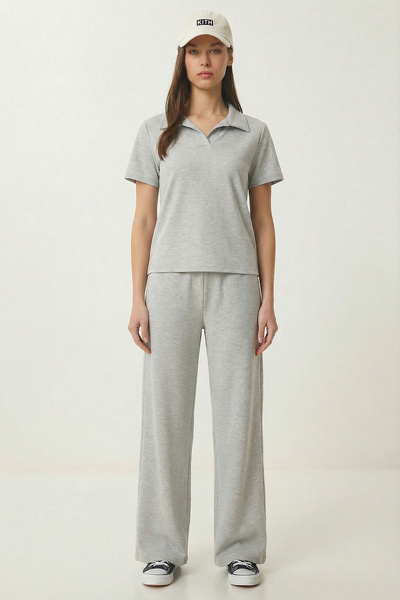 Polo Yaka Esnek Örme Alt-Üst Takım LBY0038 GRİ MELANJ