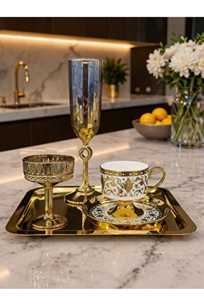 isra kristal Gold Kahve Sunum Seti – Gold Kahve Fincanı, Lokumluk, Kahve Yanı...