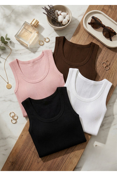 Loule 4-Pack Women's 95% Cotton Ribbed Thick Strap Tank Top Set - Casual & So...