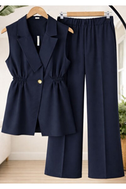 onlymoon Lacivert Double Krep Kumaş Yelek Pantolon Takım | Kadın Yüksek Bel |...