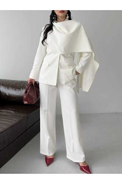 Moda İkra Κομψό παντελόνι με φαρδιά μπατζάκια και λεπτομέρεια ντραπέ σάλι στο...