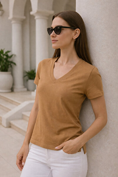 Rich Women's Camel Viscose V-Neck Basic Short Sleeve T-Shirt