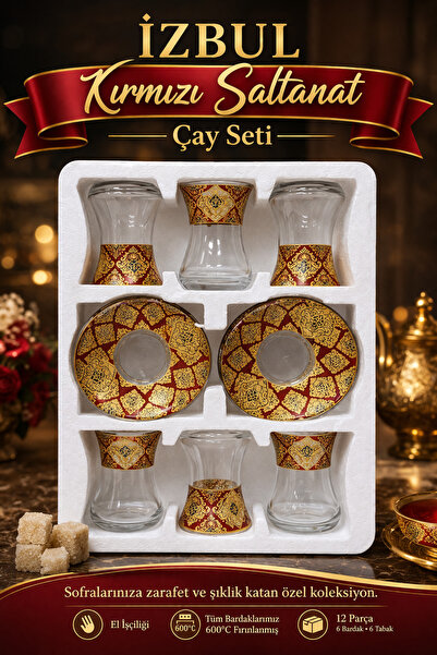 izbul Kırmızı Premium Çay Seti (6 Bardak + 6 Tabak) –Şık Desenli Cam Bardak T...