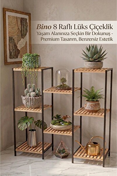 Bino Çiçeklik 3LÜSET Çok Amaçlı Metal Gövde Ahşap Raf 8RAF Bitki Standı Paslanmaz Balkon Salon Organizer