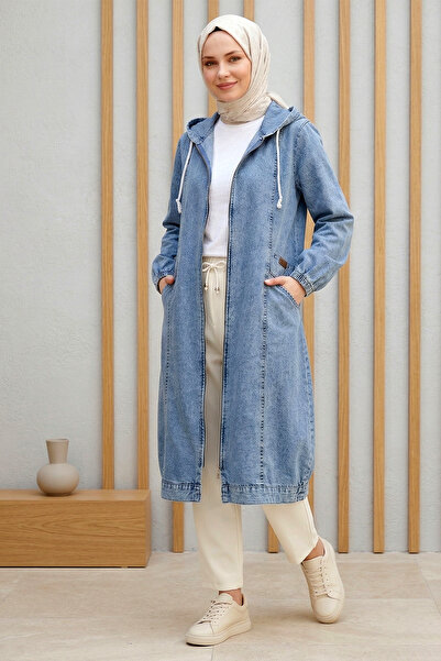 FERHEL Γυναικείο τζιν μπουφάν με κουκούλα, τσέπες, ελαστικά μανίκια και φερμο...