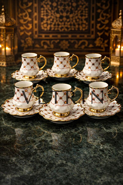 VETRİN 6-Piece Porcelain Luxury Stylish Gold Gilded Coffee Cup Set I 90 Cc I