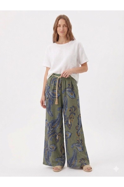 della moor Γυναικείο ιταλικό χακί λινό παντελόνι με ελαστική μέση και έθνικ σ...