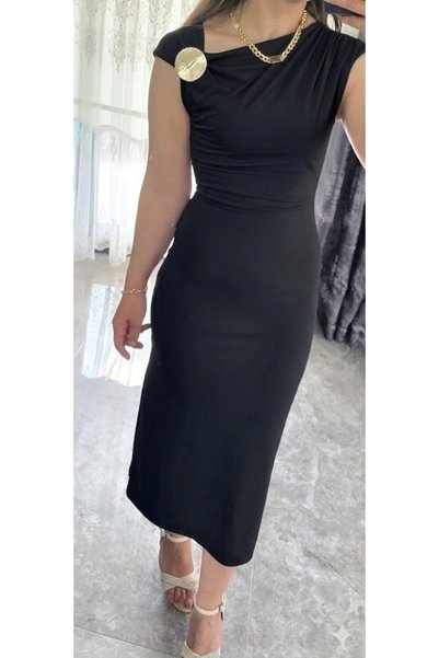 YABA New Season Unlined Midi Length Women's Dress with Shoulder Buckle Detail and Side Slit