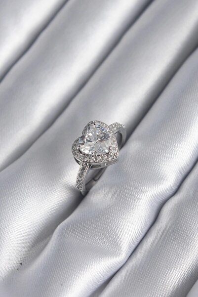 TakÇalıştır Brass Silver Color Zircon Stone Heart Charm Model Women's Ring