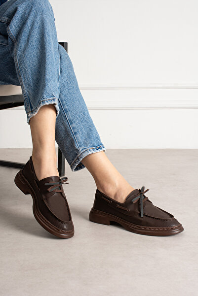 Hepici Γυναικεία Σκούρα Καφέ Δερμάτινα Loafers με Χοντρή Σόλα και Κορδόνια - ...